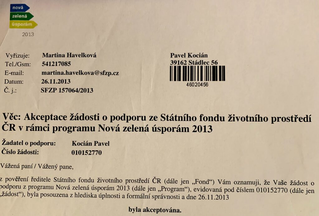 Potvrzení o přijetí žádosti o dotaci na solární ohřev vody