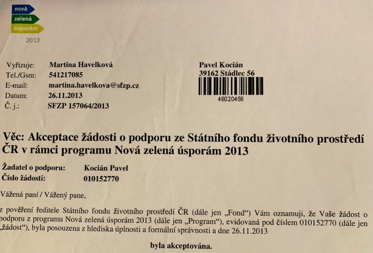 Potvrzení o přijetí žádosti o dotaci na solární ohřev vody