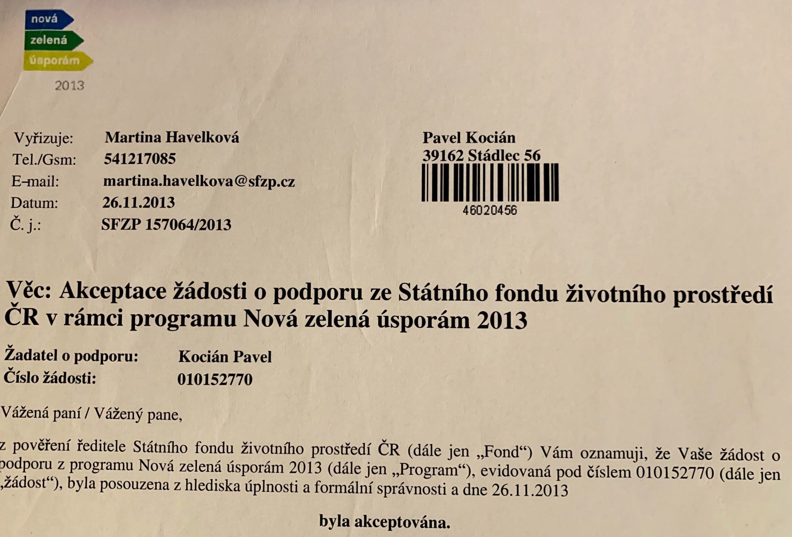 Potvrzení o přijetí žádosti o dotaci na solární ohřev vody